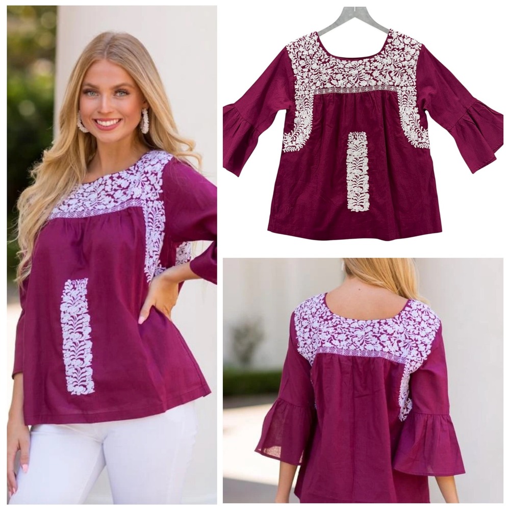 J Marie Womens Anita Long Sleeve Embroidered Top Size XS Maroon Cotton Linen